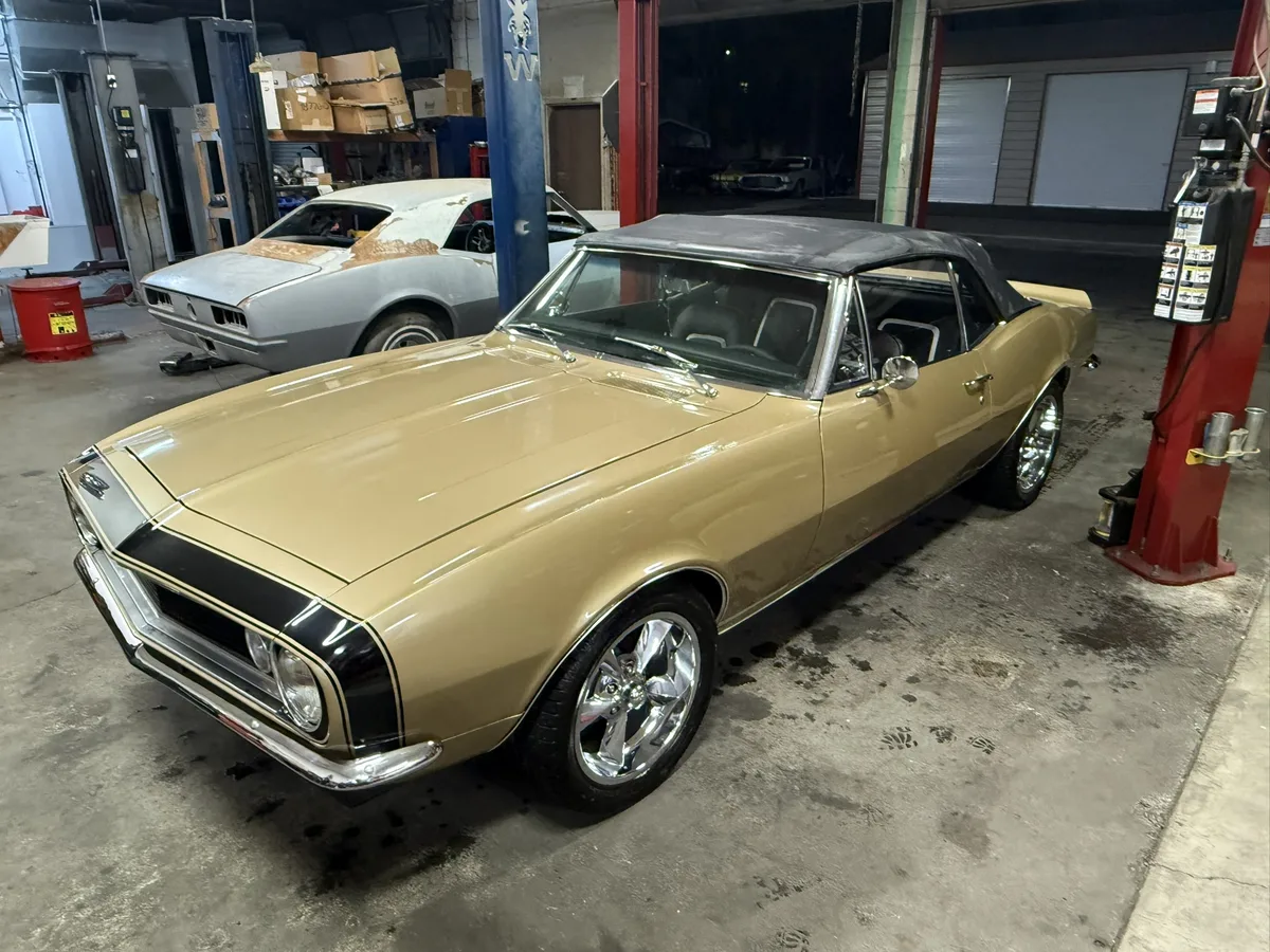 Pale yellow classic coupe at shop